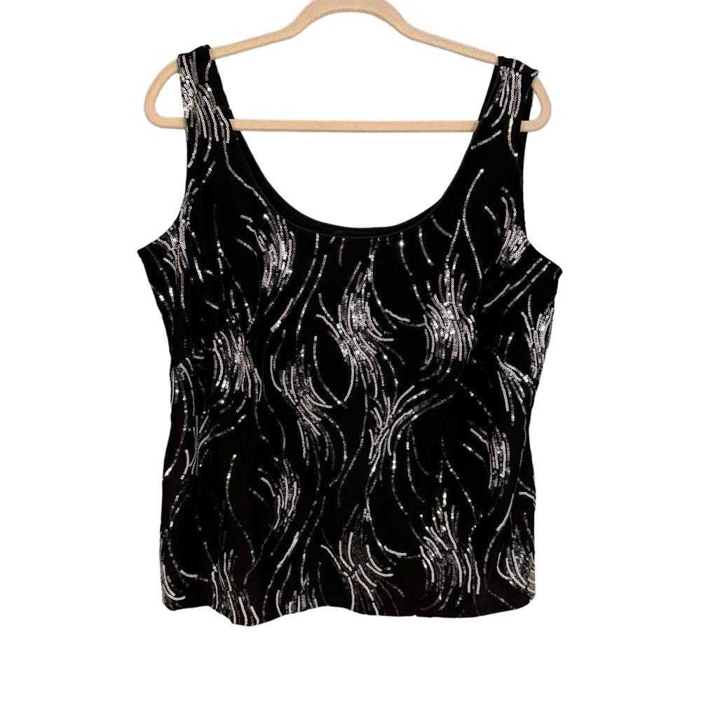 Alex Evenings Top Womens 1X Plus Black Fireworks Sequin Square Neck Sleeveless